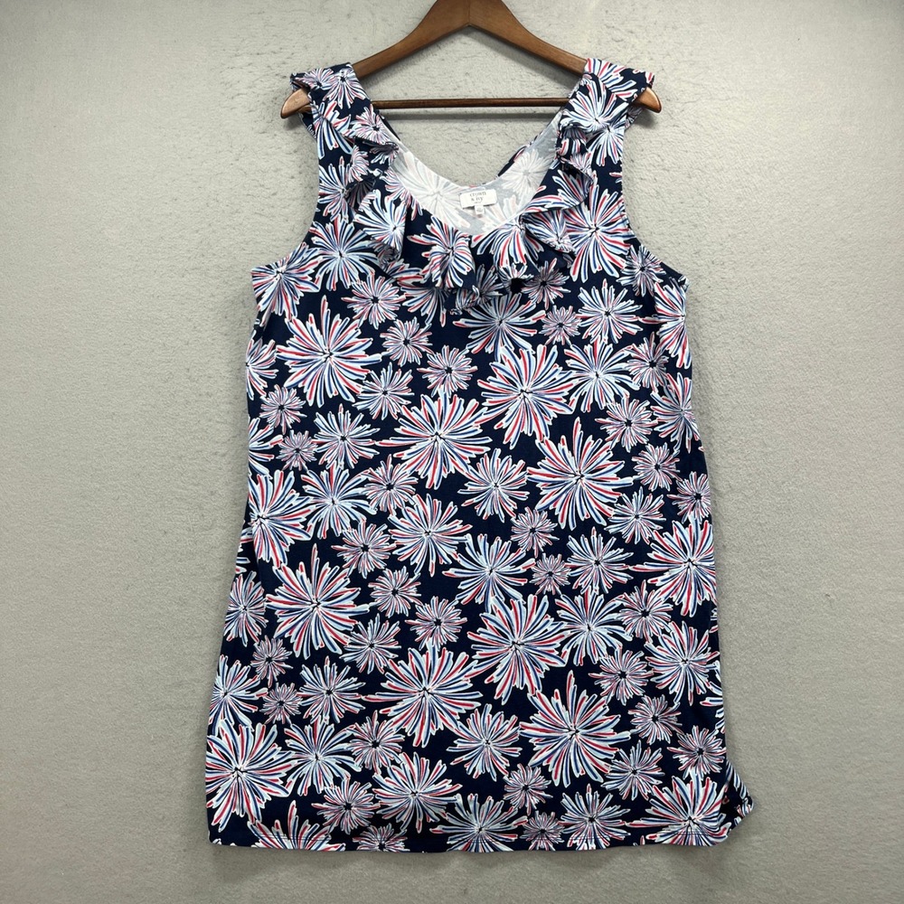 Crown & Ivy Tank Top Women 1X Blue Floral Ruffle Sleeveless Confetti Fireworks